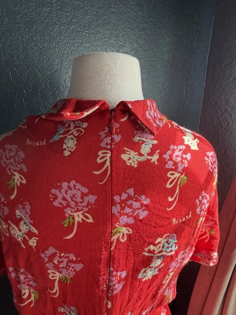 Anna Sui Berard Vintage Tomato Red Floral Dress Sz 6 Short Sleeve 40s inspired - Picture 8 of 12